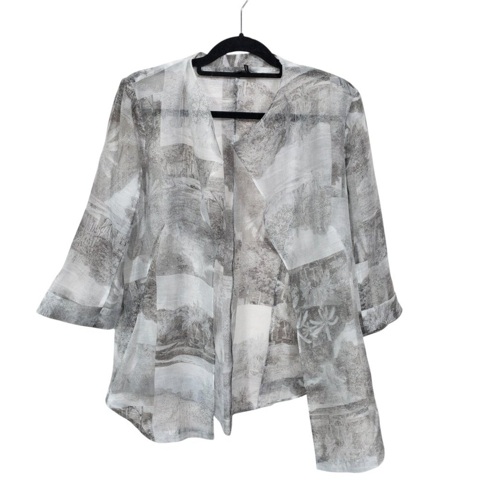 Nic + Zoe Sheer Open Jacket Grey Geometric Lightweight SZ M Casual Toile Fabric